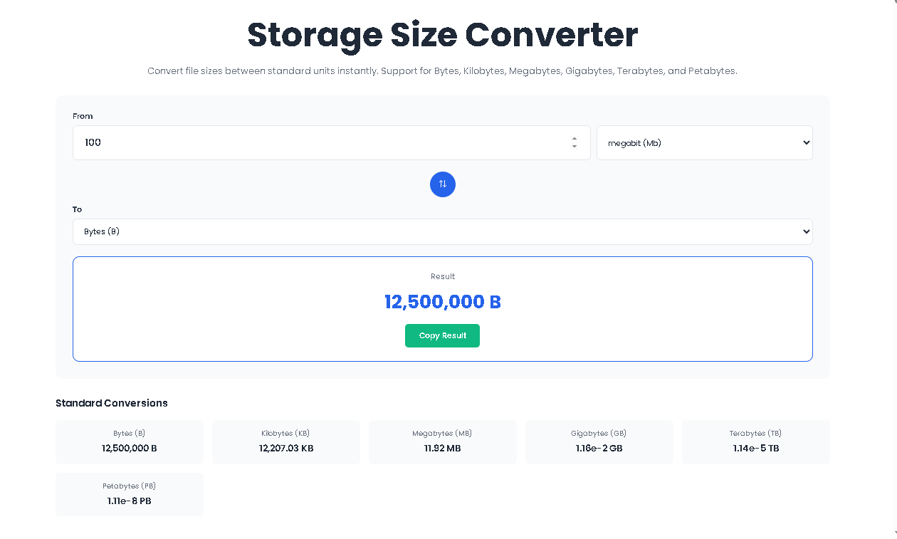 Storage Size Converter interface showing input field, unit dropdowns, and result display on Toolota