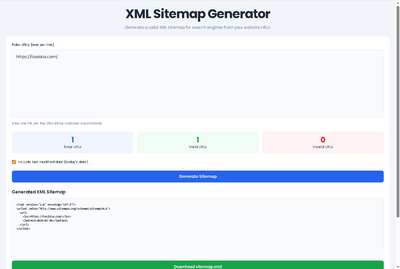 XML Sitemap Generator main interface showing URL input area and validation counters