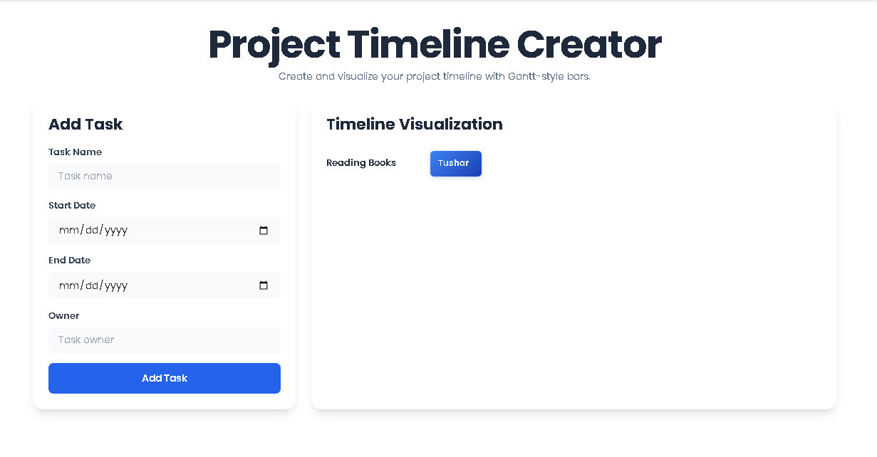 Scrollable view of a detailed Project Timeline with multiple tasks and owners.
