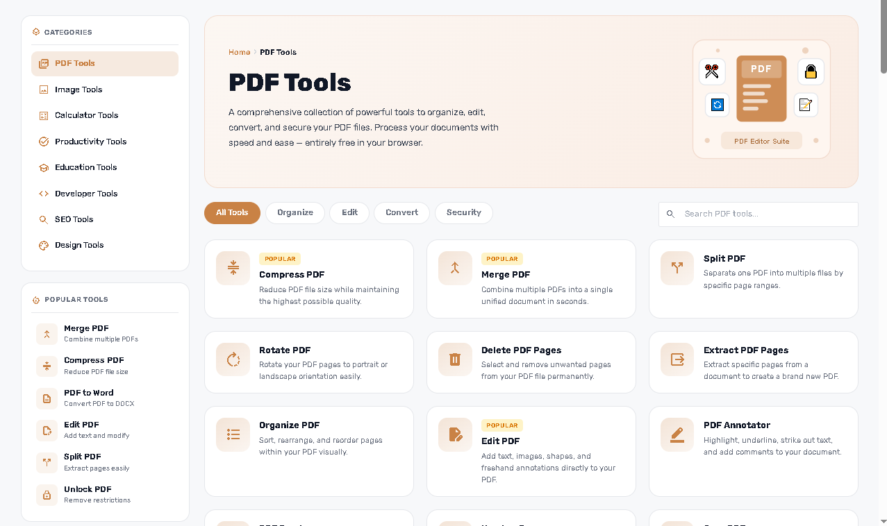 Screenshot of the free online pdf tools dashboard showing edit, convert, and secure categories.
