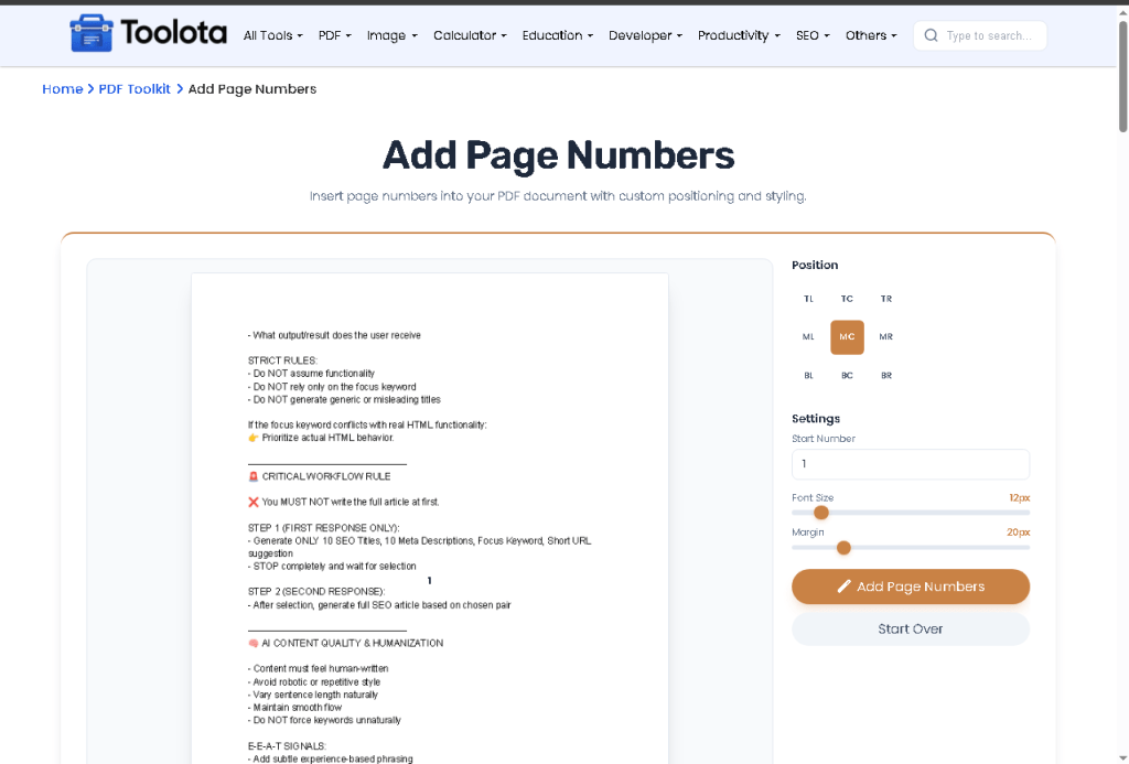 Add page numbers to PDF using drag and drop upload interface