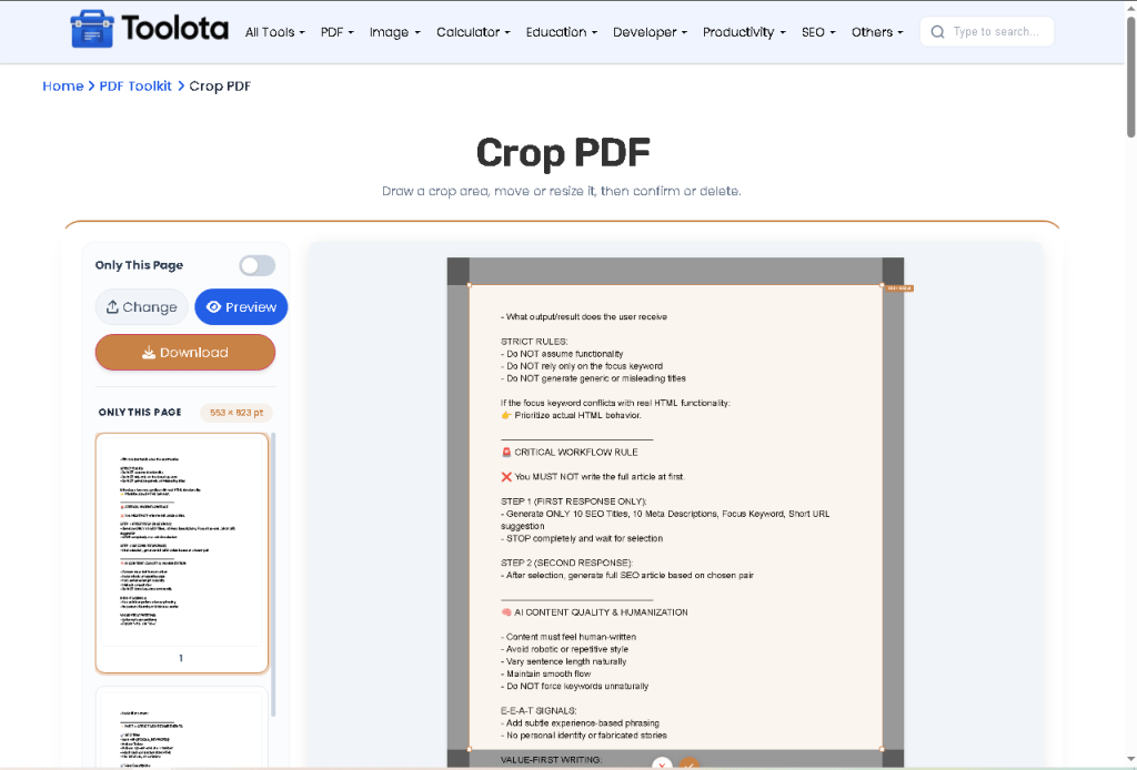 Crop PDF online interface showing PDF page thumbnails in sidebar with active