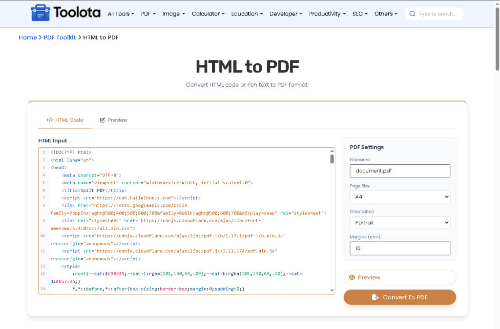 HTML to PDF converter interface showing code editor tab, PDF settings panel, and Convert button