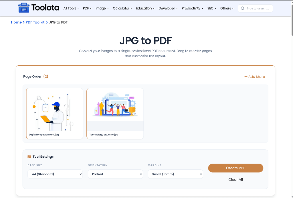 Convert JPG to PDF online tool interface on desktop