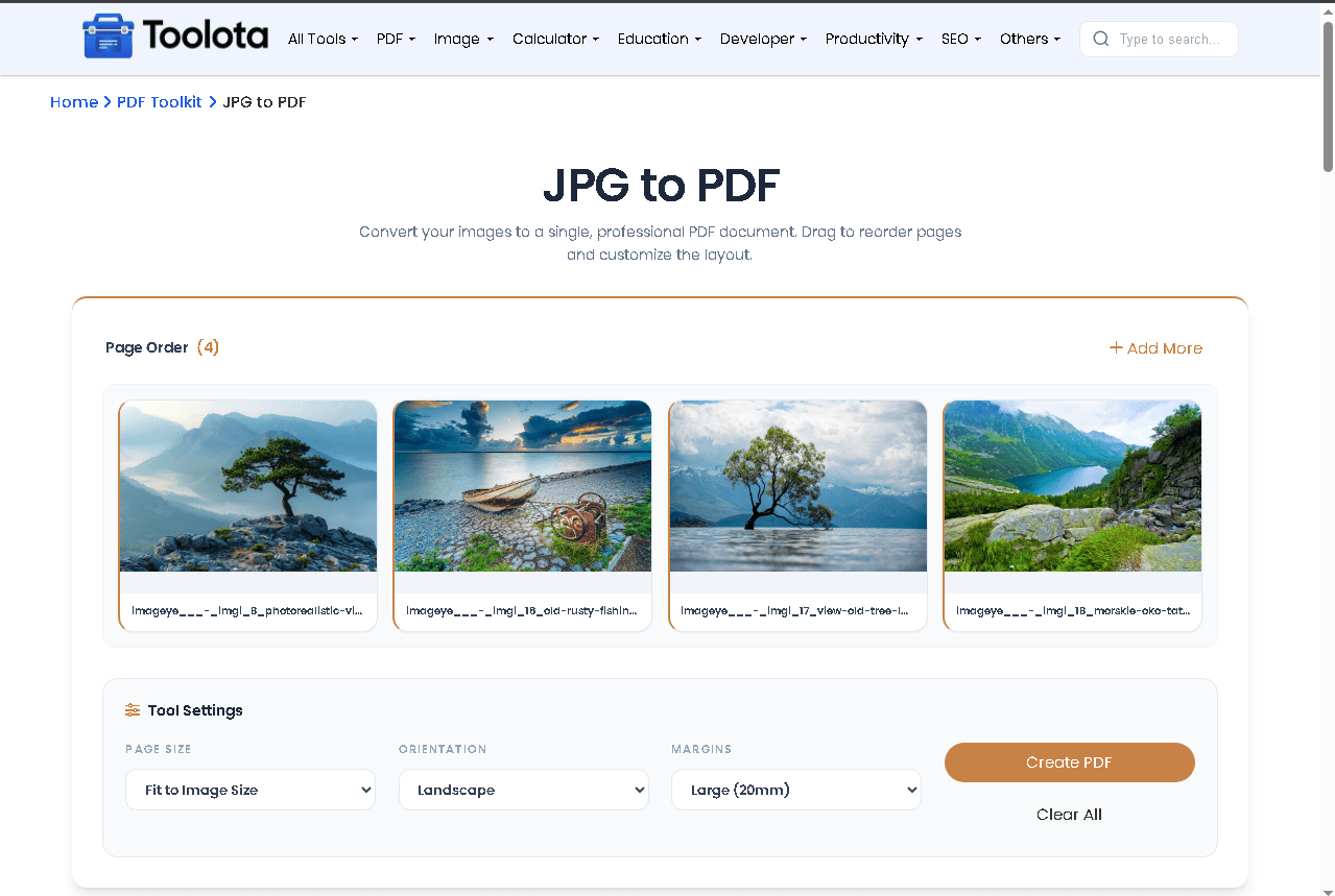 JPG to PDF converter upload interface with drag and drop zone