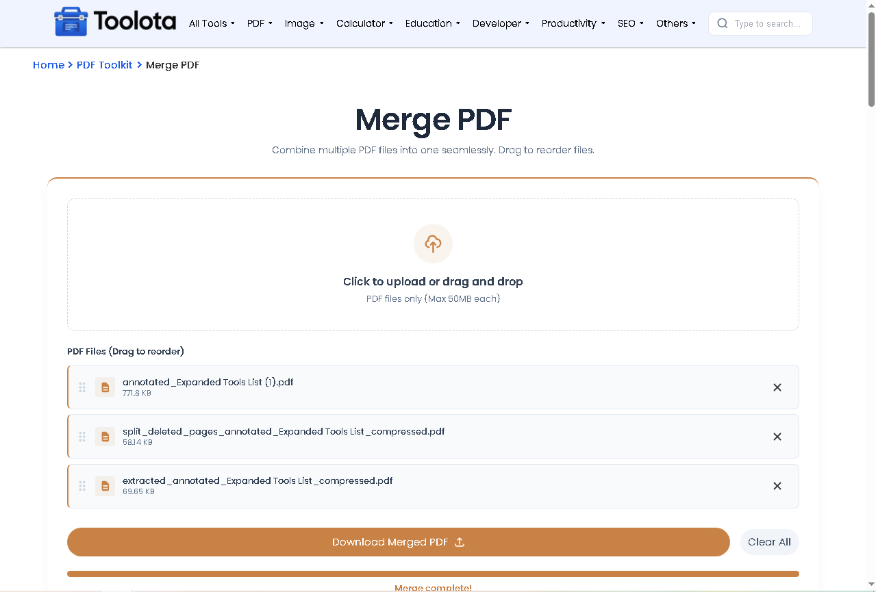 Merge PDF online tool with drag and drop upload zone