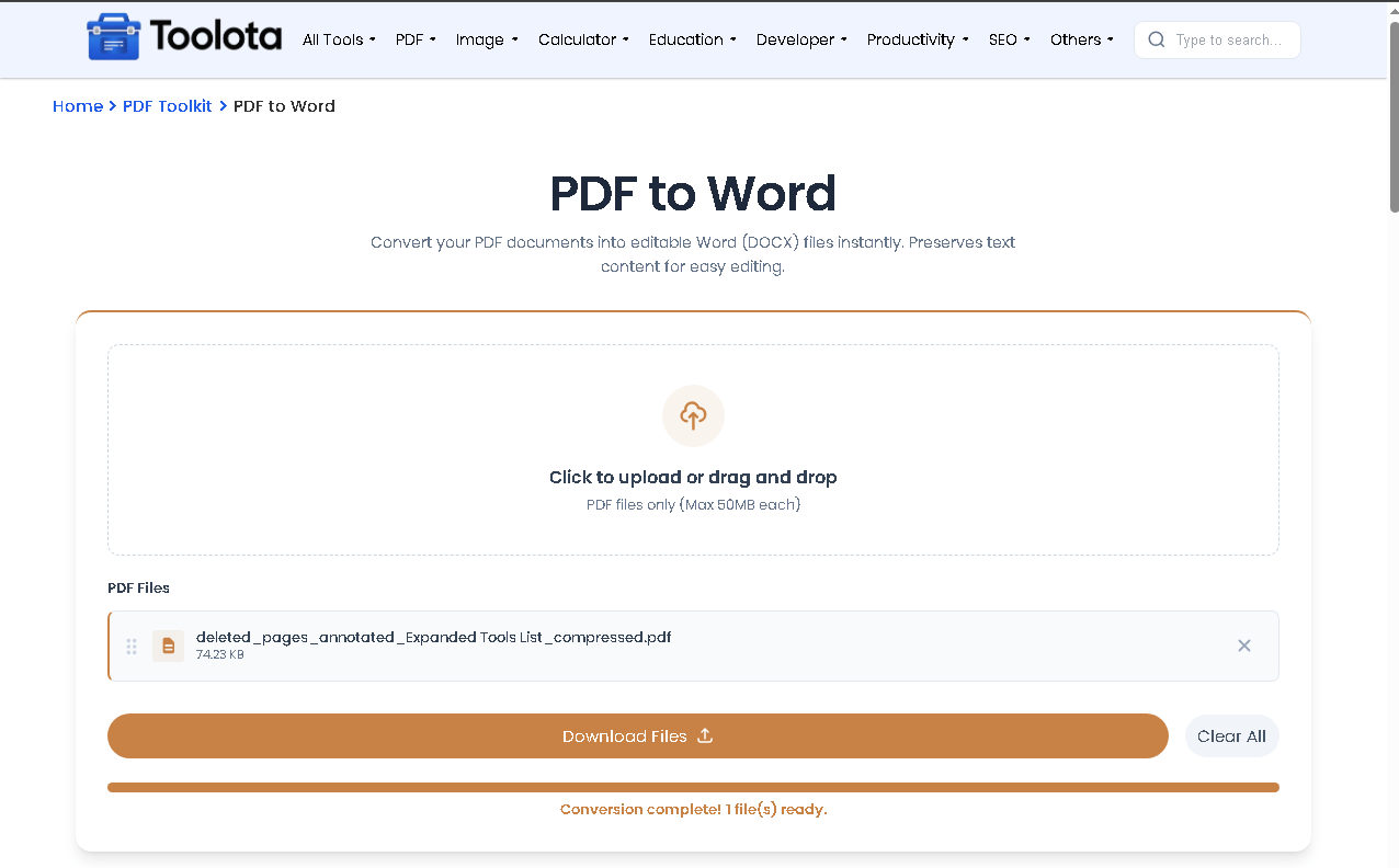 Convert PDF to Word upload interface showing drag and drop zone