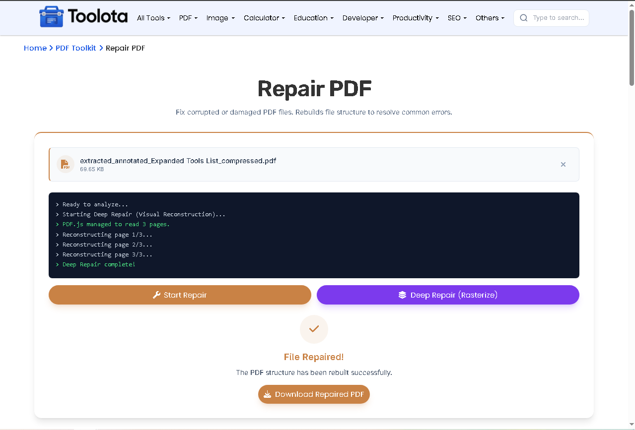 Drag and drop interface to repair PDF files with repair button and console log panel