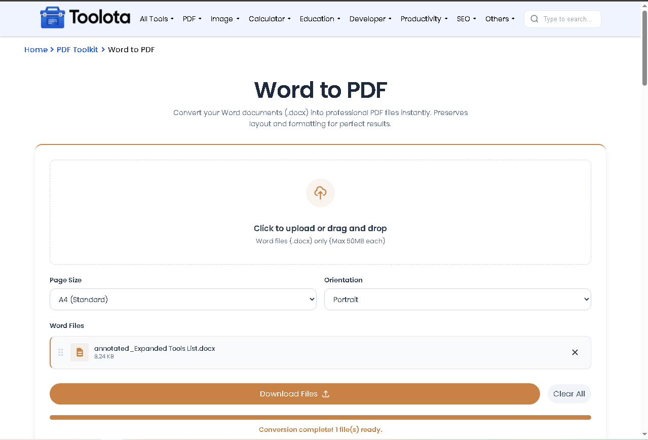 word to pdf converter online interface preview