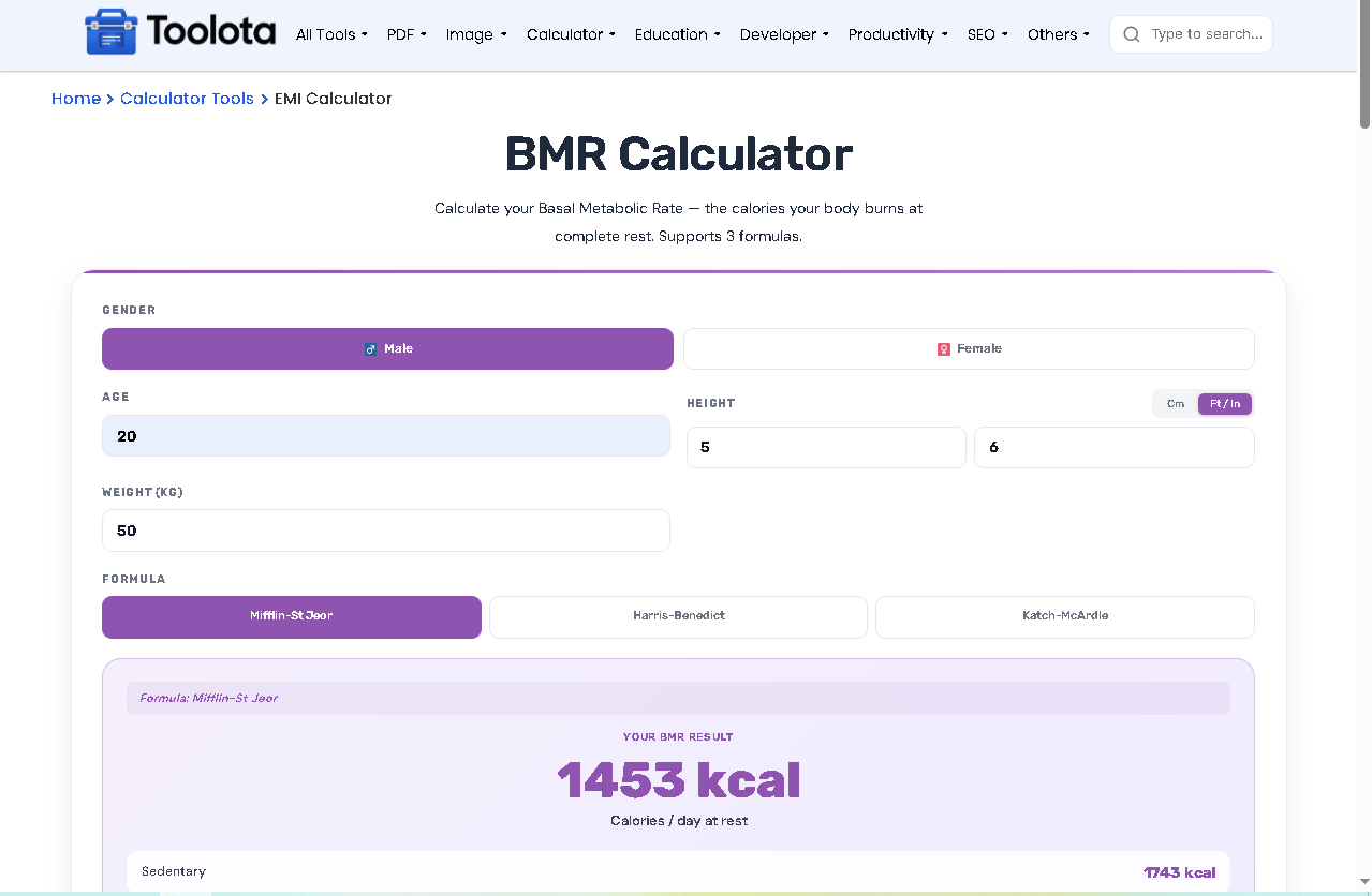 BMR calculator online interface