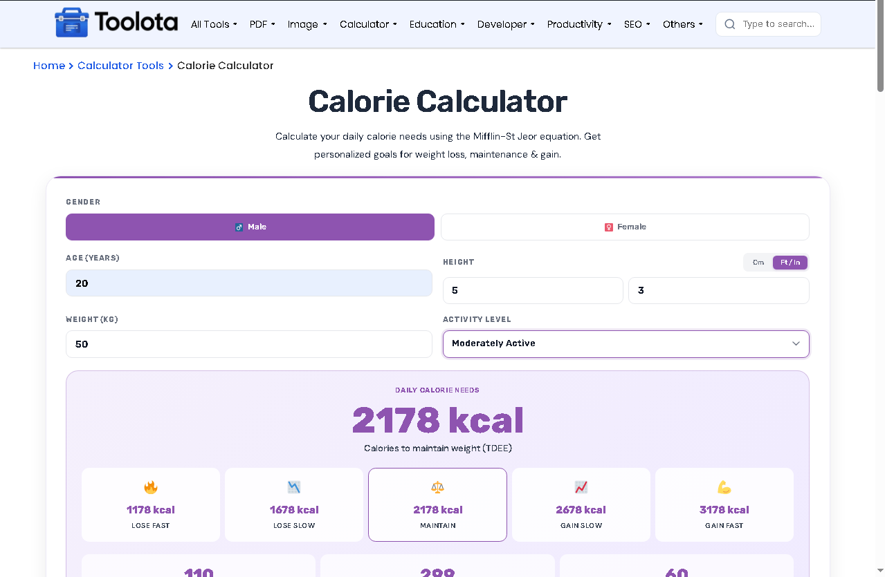 Calorie Calculator Online interface