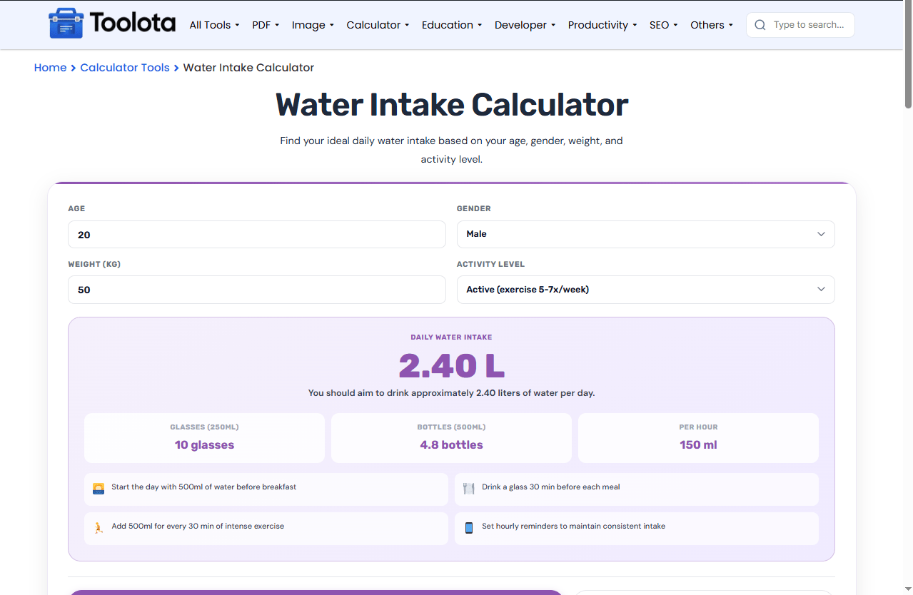 Water Intake Calculator Online