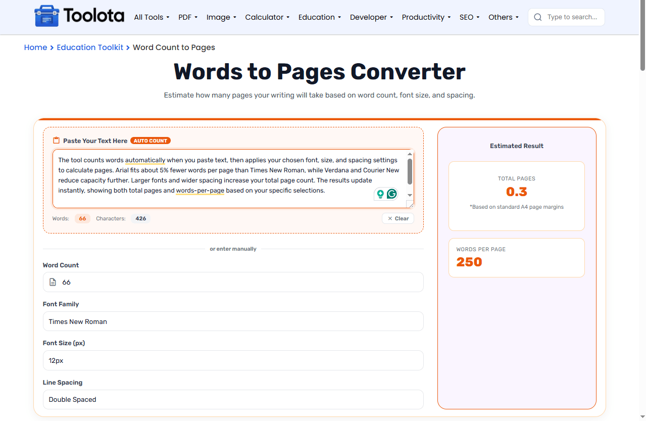 Word Count to Pages