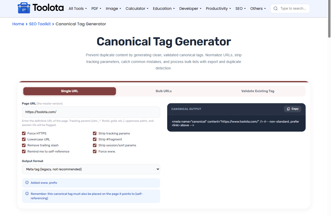 Canonical Tag Generator Toolota