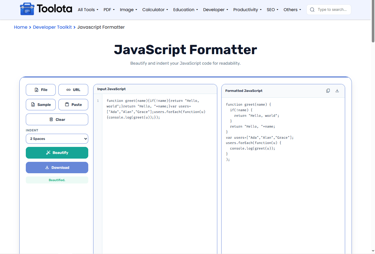 JavaScript Formatter Online Toolota