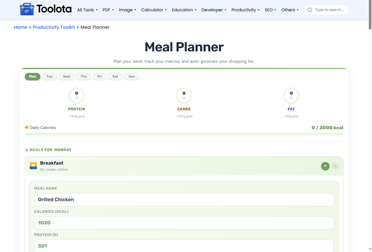 Meal Planner OnlineOnline Toolota