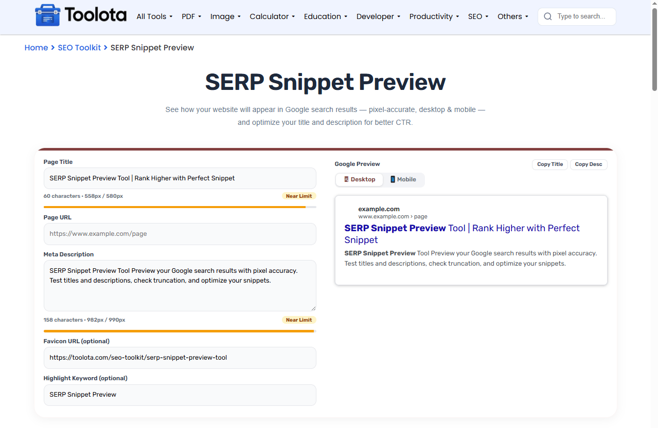 SERP Snippet Preview Tool Toolota