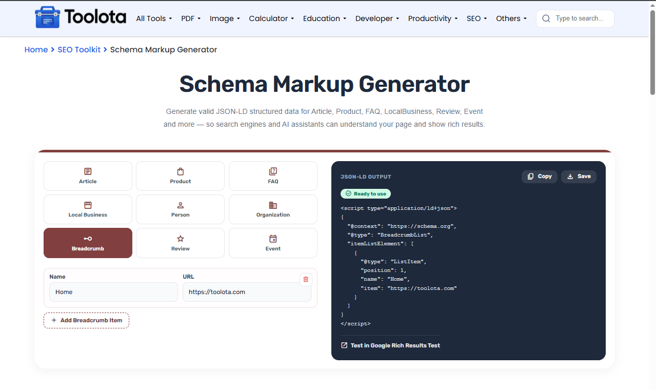 Schema Markup Generator Toolota
