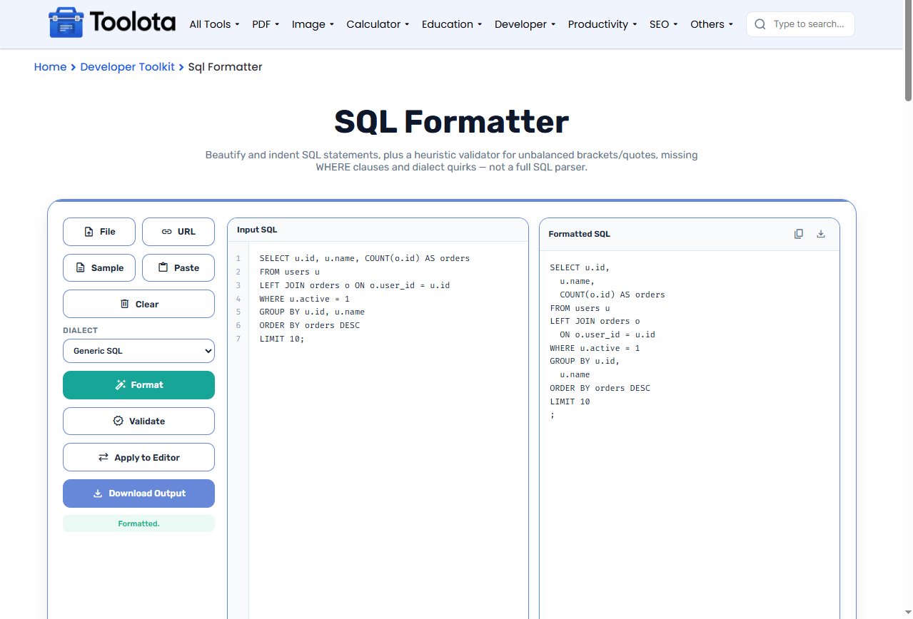 Sql Formatter Online Toolota