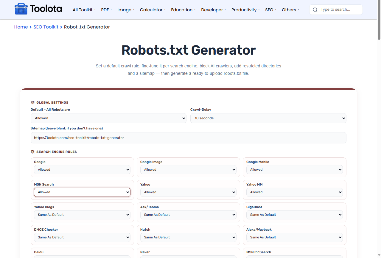 Robots.txt Generator Toolota