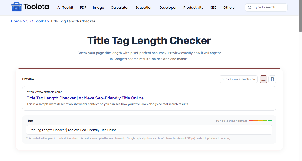 Title Tag Length Checker Title Tag Length Checker Toolota